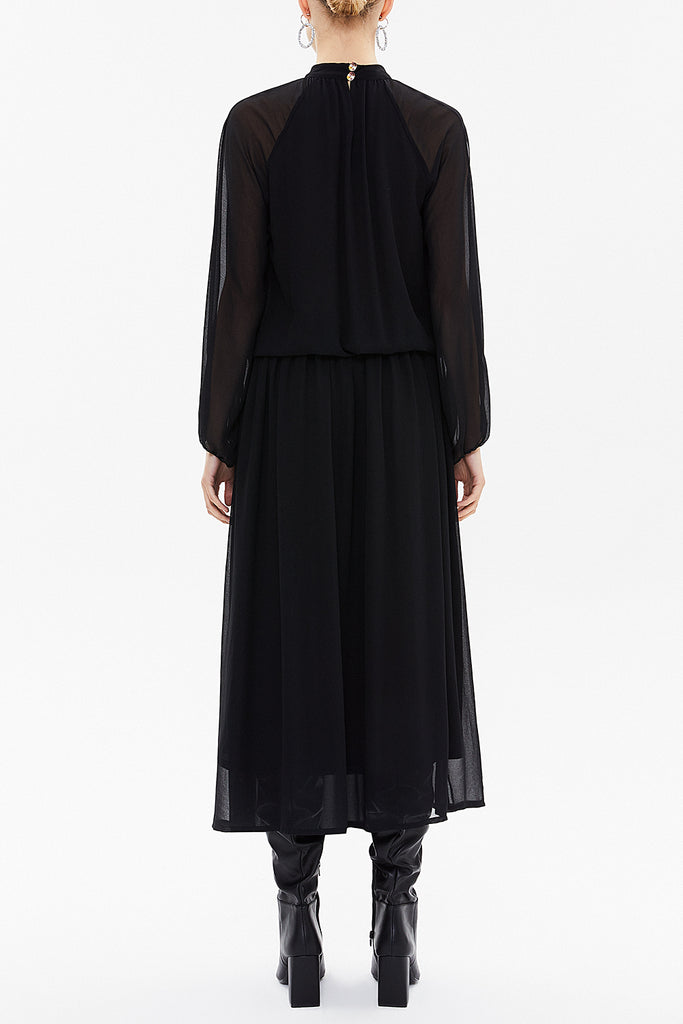 Black Turtle neck Pleated chiffon midi dress 92213