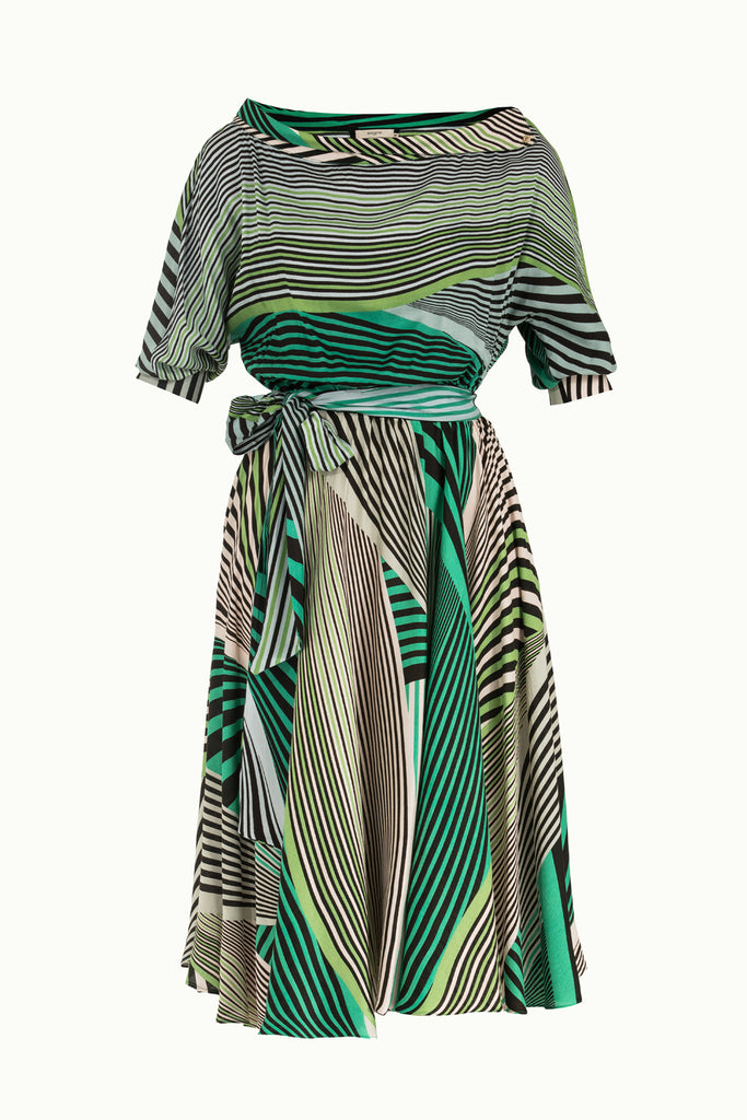 Asimetrik Kesim Düşük Omuz Desenli Elbise Yeşil 92271