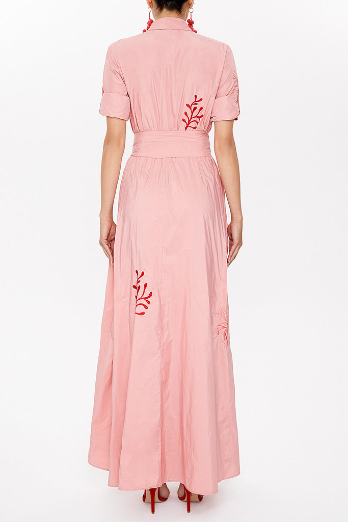 Salmon Embroidered, lace-up Pleated maxi dress 92917