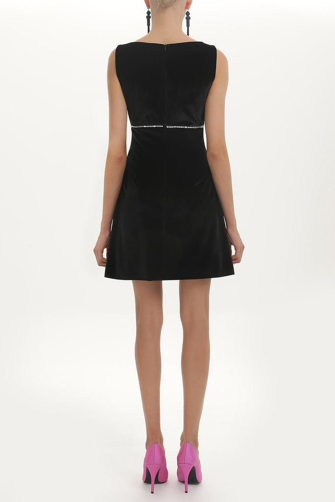Black Gem-embellished waist, V neck velvet mini dress 91522