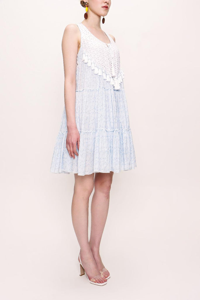 Blue Embroidered Pleated Poplin Dress 92795