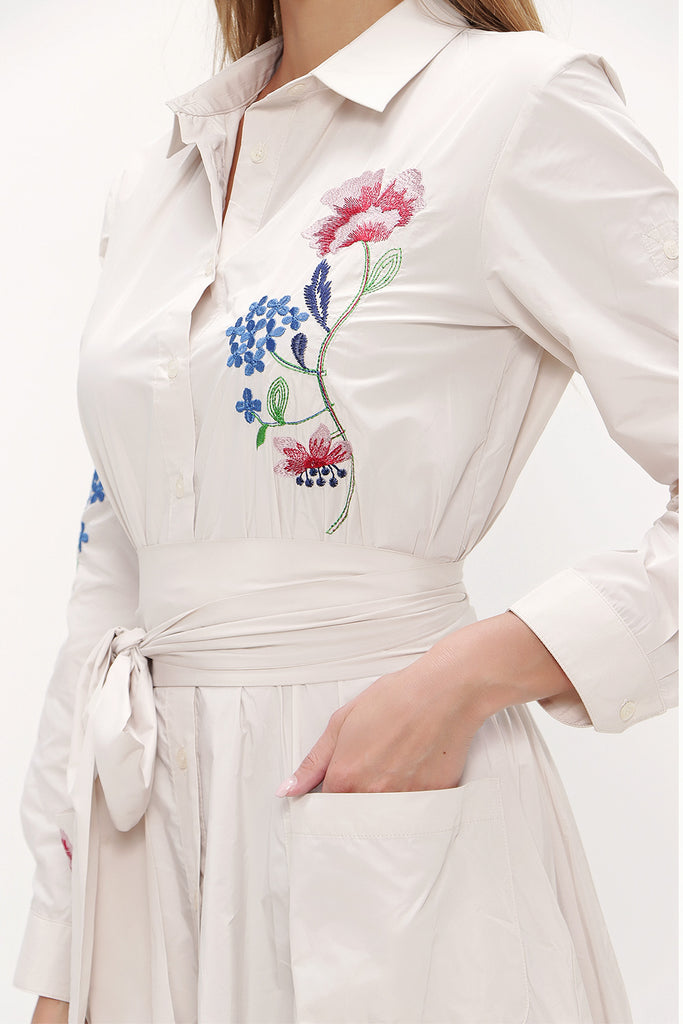 Beige Embroidered, lace-up Pleated maxi dress 92917