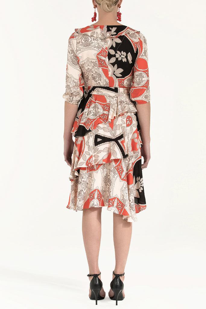 Asimetrik Kesim V Yaka Desenli Elbise Siyah 92268