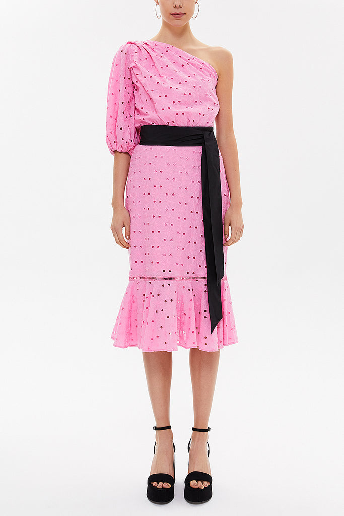 Pink One shoulder balloon sleeve midi dress 93073