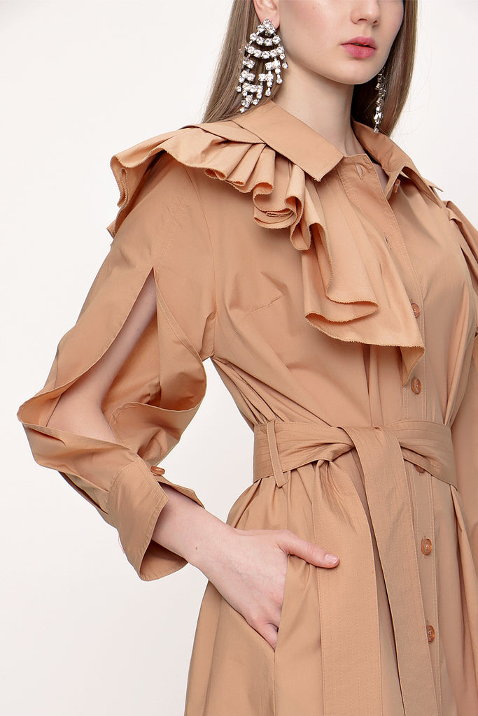 Camel Hair Ruffled neck shirt dress 93510