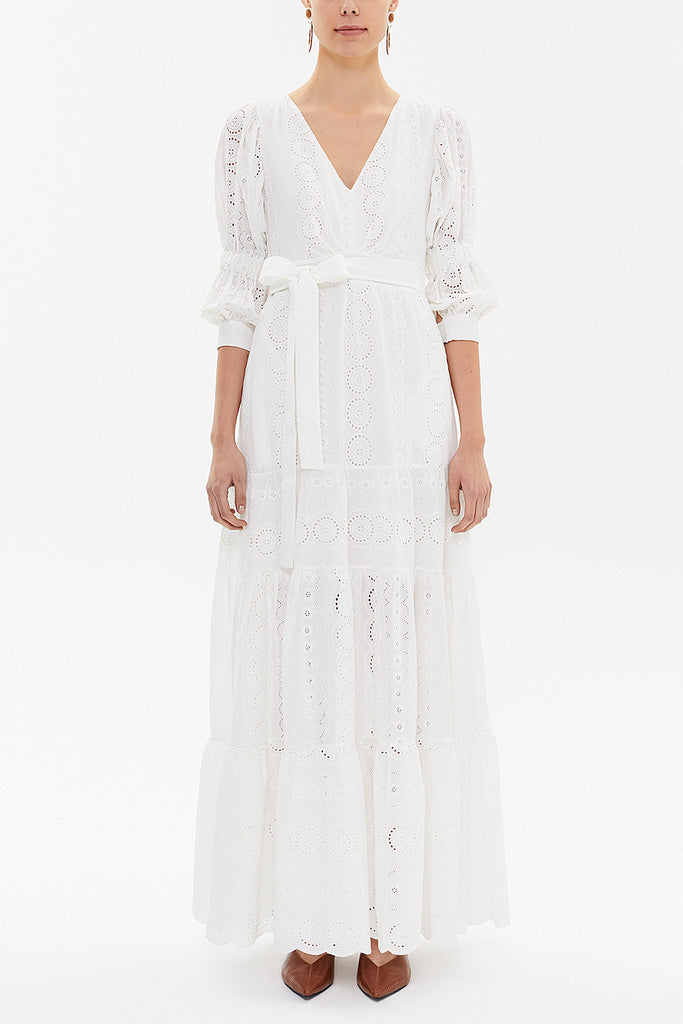 White V-neck brode maxi dress 92624
