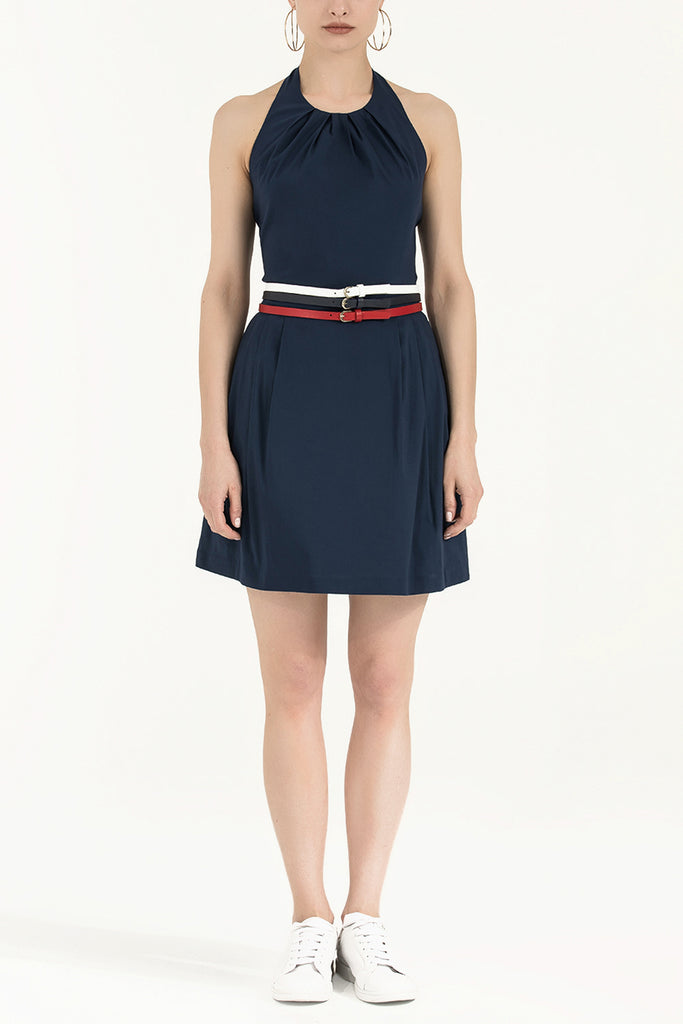 Navy Blue Belted poplin mini dress 90929