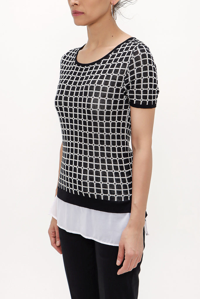 Black White Wide collar  short sleeved tricot  blouse 28660