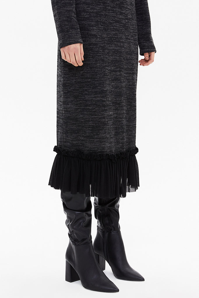 Black Frilled skirt knit midi dress 92159