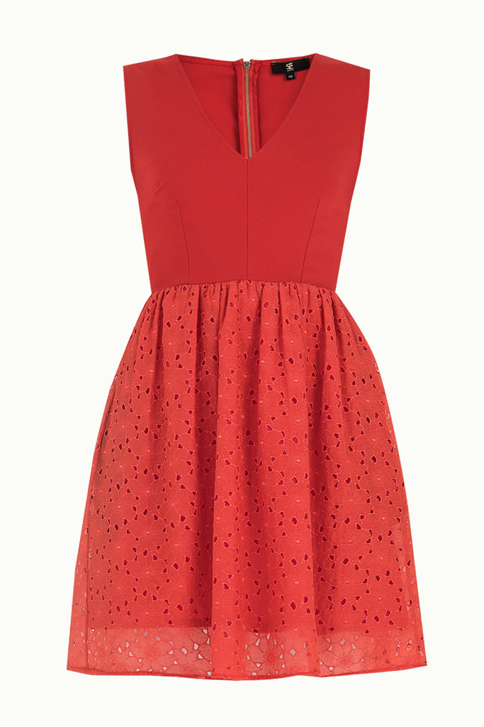 Red Embroidered V-neck mini cotton dress 91756
