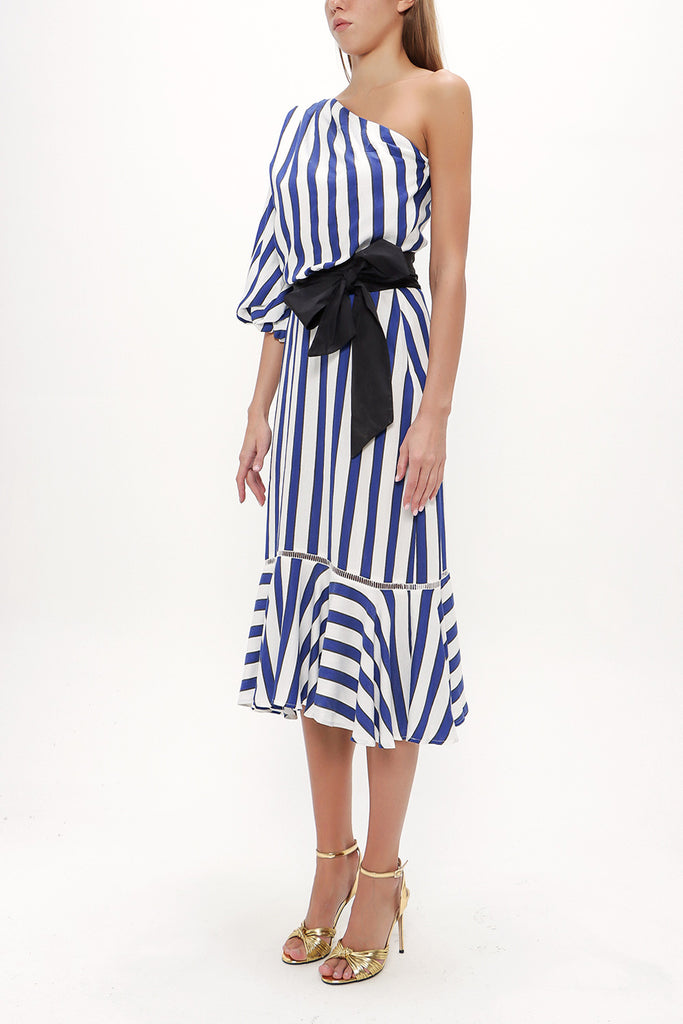 Navy Blue One shoulder godet midi dress 92802