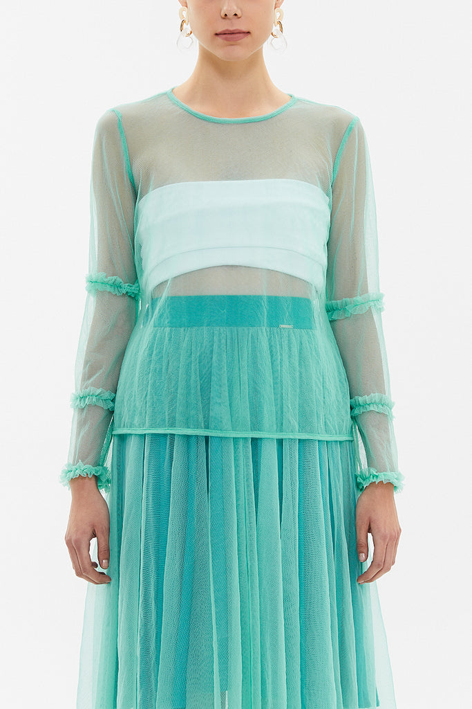 Green Pleated sleeve tulle blouse  19657