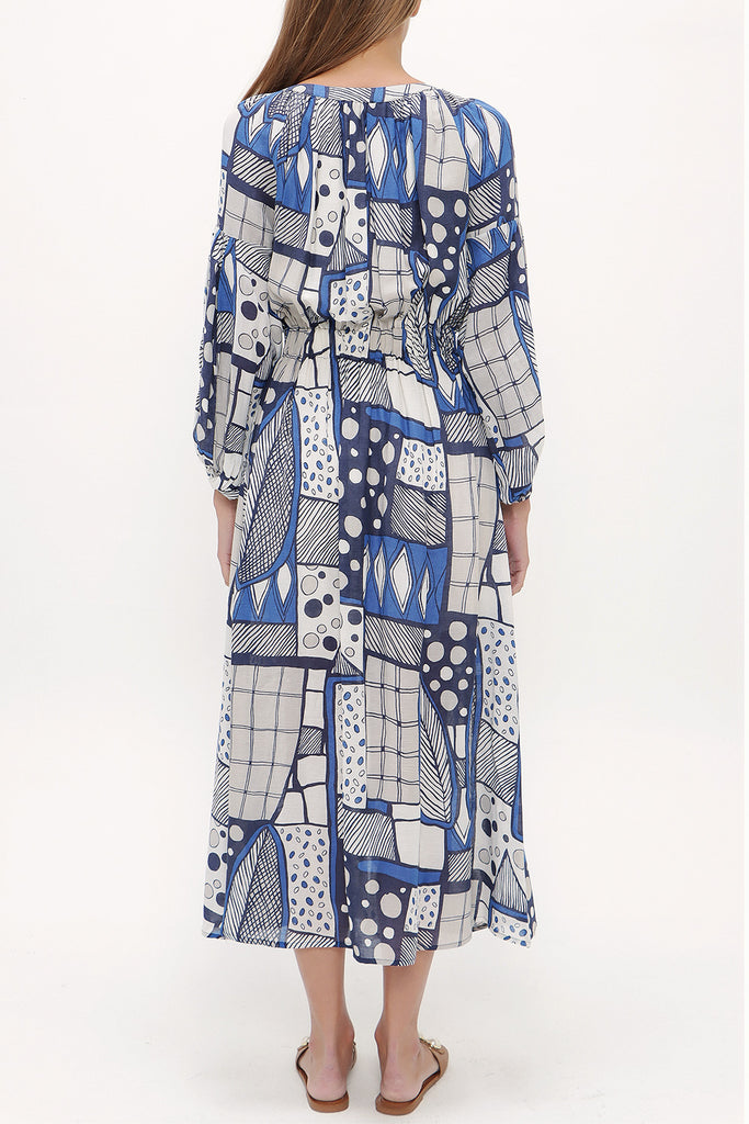 Blue Elastic balloon sleeve maxi dress 92718