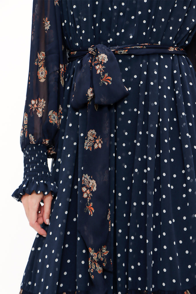 Navy Blue Elastic yarn wide cut Pleated dress 93738