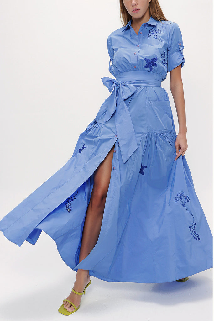 Blue Embroidered, lace-up Pleated maxi dress 92917