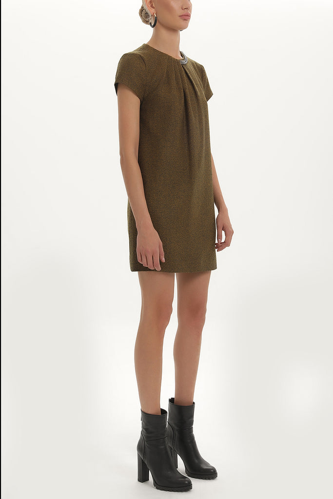 Black Mustard Wool mini dress with chain on the neck 91416