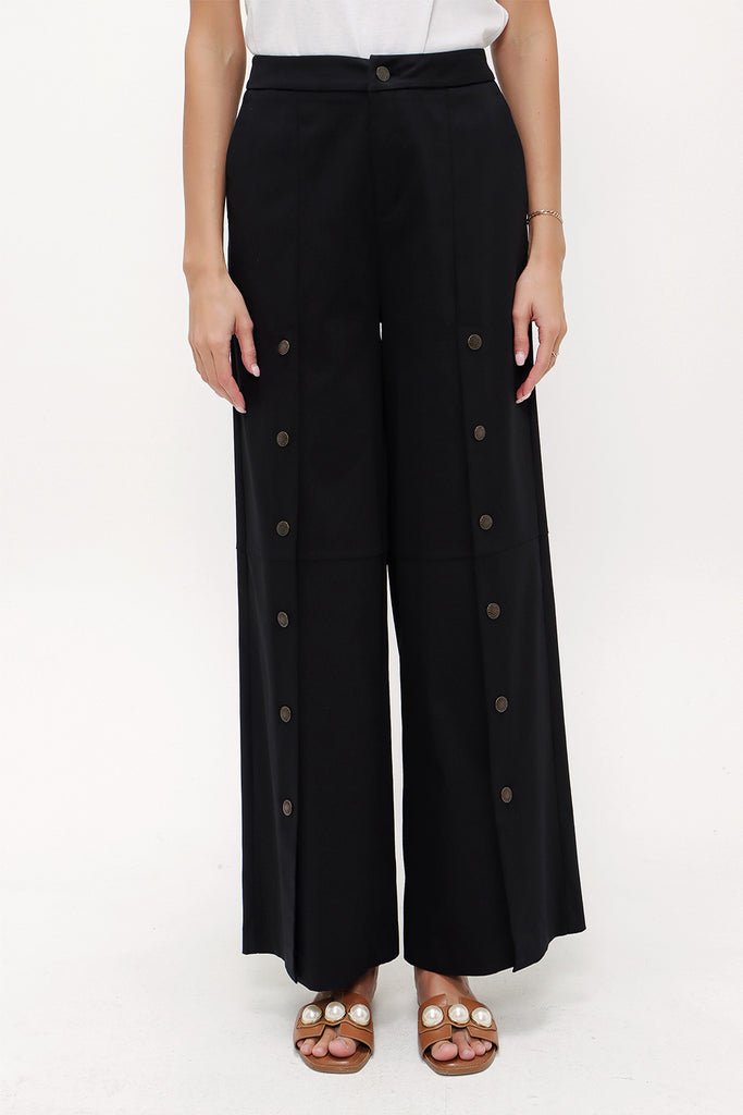 Black Snap fastener detail  wide leg pants 41298