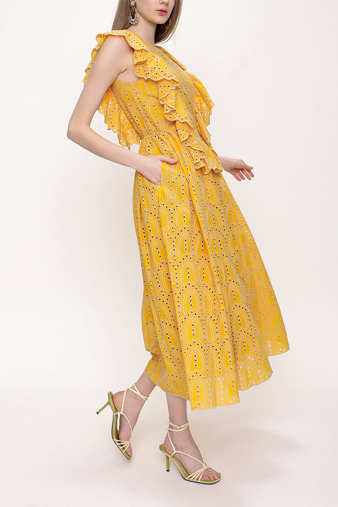 Mustard Ruffled sleeveless embroidered dress 93566