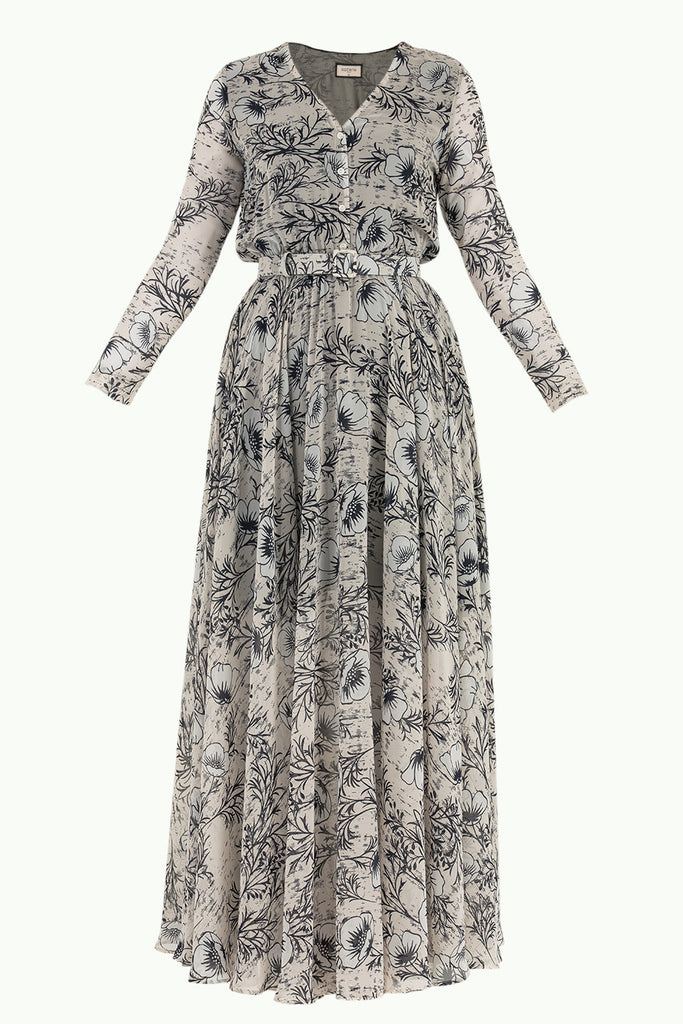 V Yaka Kemerli Şifon Elbise Desenli