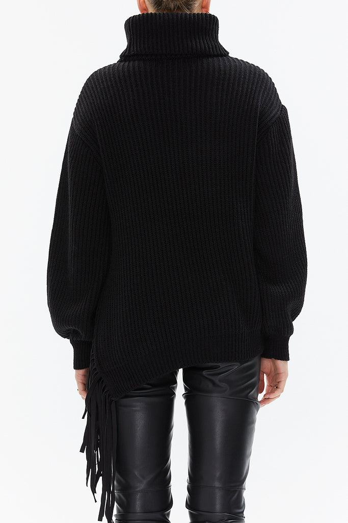 Black Turtleneck detail knit sweater with tassels 19816