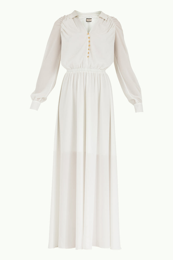 Omuzları Büzgülü Düğmeli Uzun Elbise Beyaz 92251