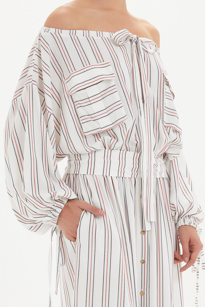 Cepli Düşük Omuz Uzun Elbise 92308