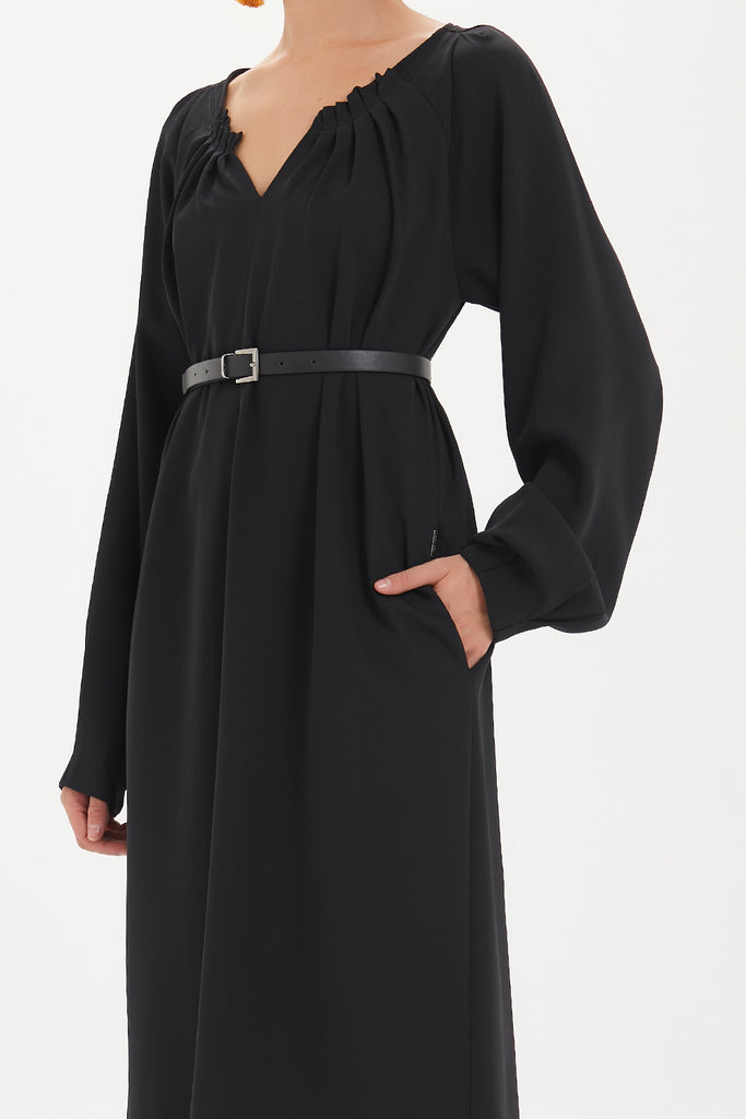 Kadın Büzgülü Ve Kemerli Bol Kesim Elbise Siyah 92488 M18191092488101