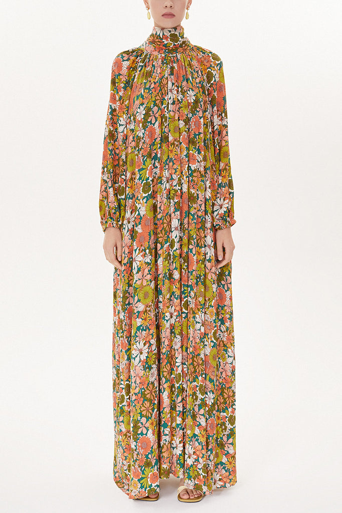 Floral Printed Lace-up collar wide cut dress 93491