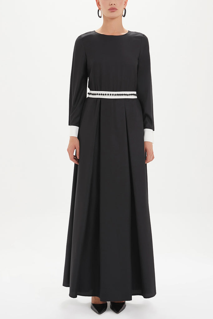 İnci Kemerli Uzun Elbise Siyah 92468