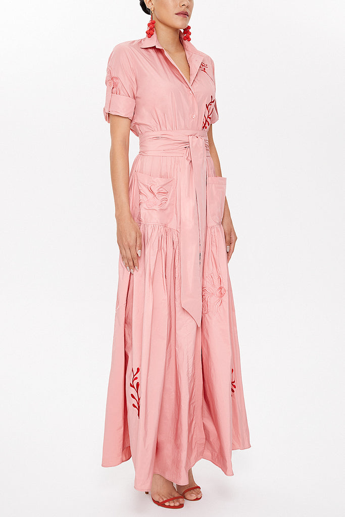 Salmon Embroidered, lace-up Pleated maxi dress 92917