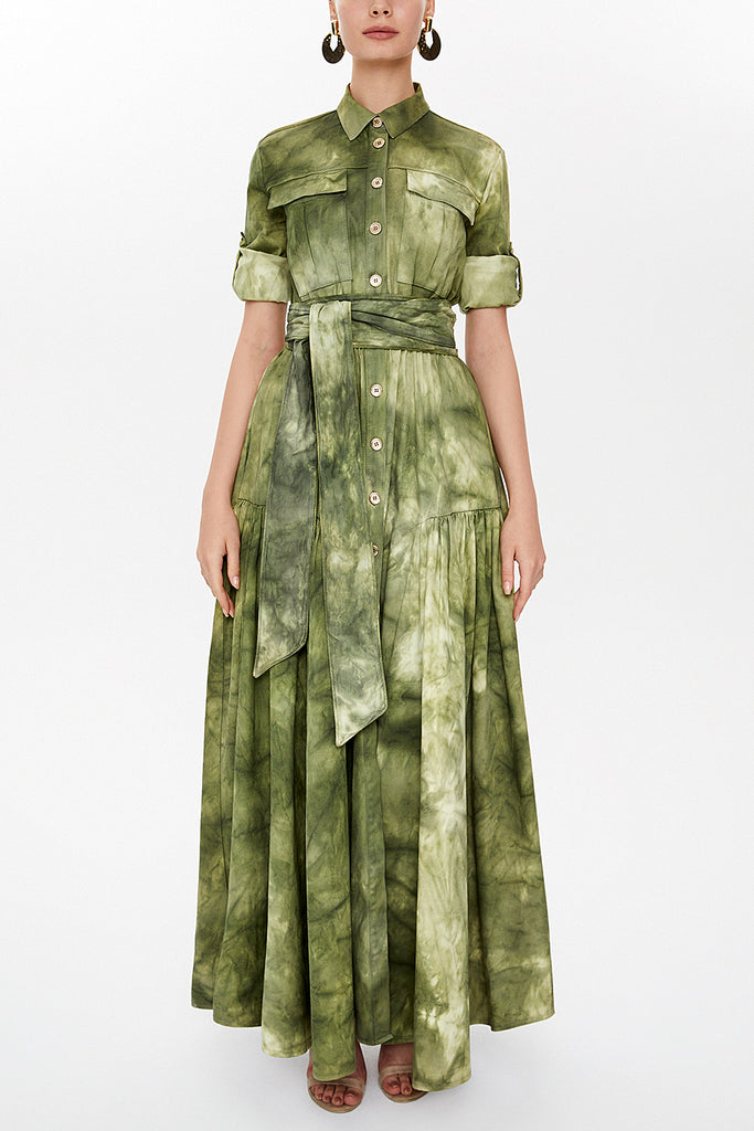 Khaki Pleated gabardine maxi dress 92515