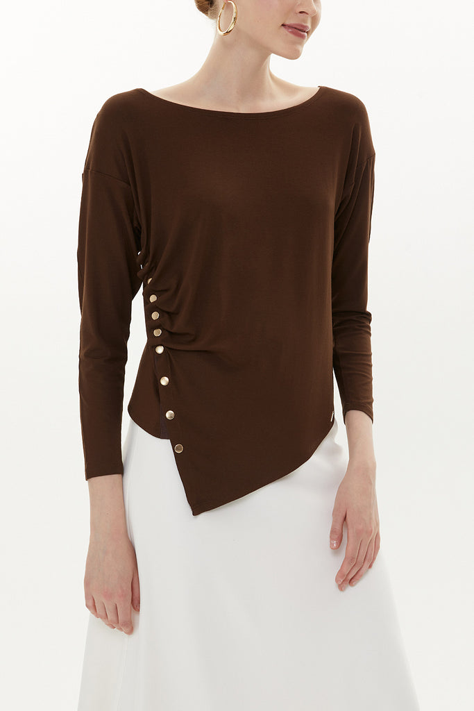 Brown Asymmetric snap fastener detail blouse 19818