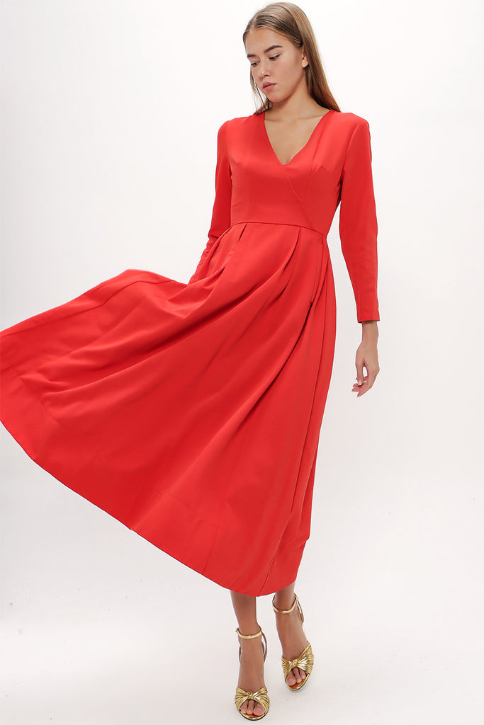 Red Belted V-neck midi dress 92545