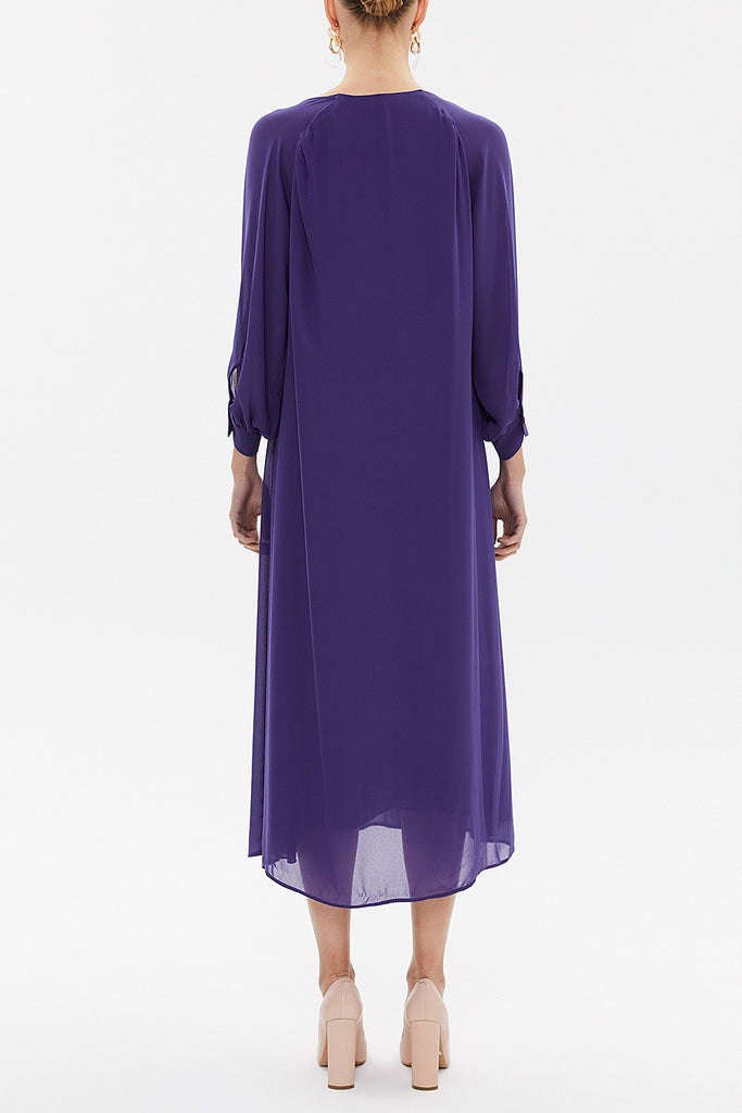 Blue V-neck Pleated wide cut midi dress 92479