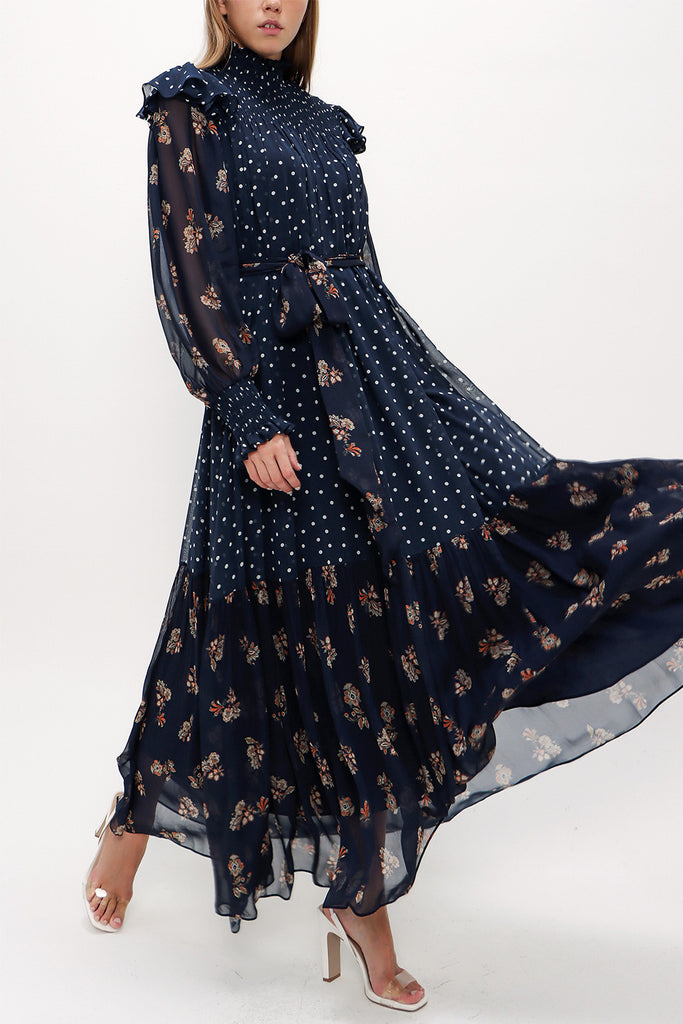 Navy Blue Elastic yarn wide cut Pleated dress 93738