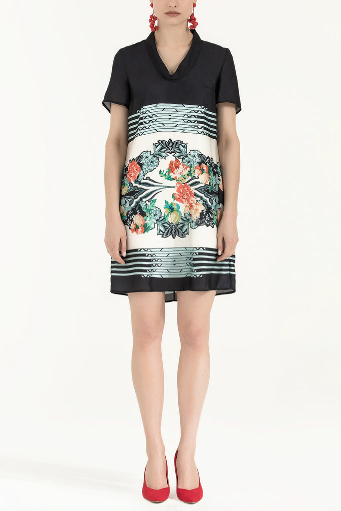 Kadın Desenli Degaje Yaka Elbise Siyah 91541