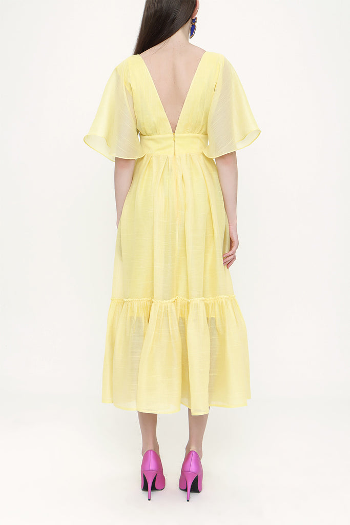 Yellow V neck pleated dress 93128