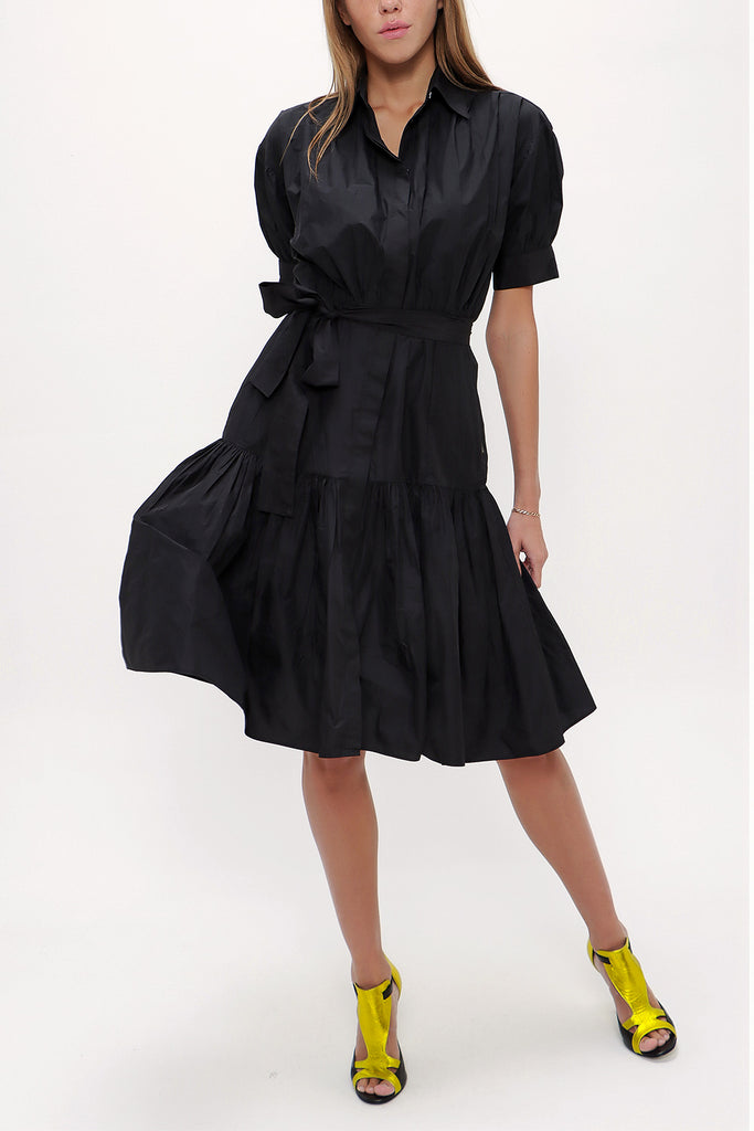 Black Balloon sleeve, gathered midi dress 92724