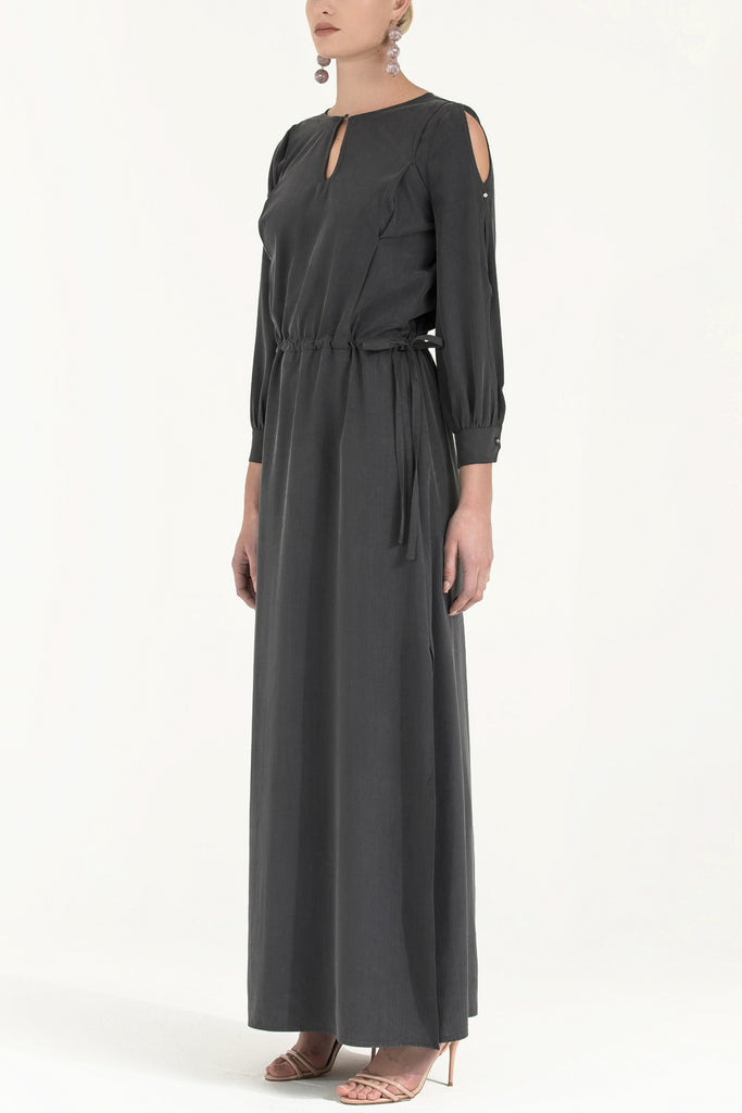 Kolları Pencereli Uzun Elbise Füme