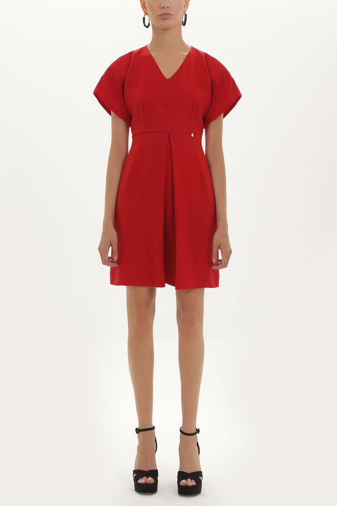Red V-neck Pleated skirt mini dress 91417