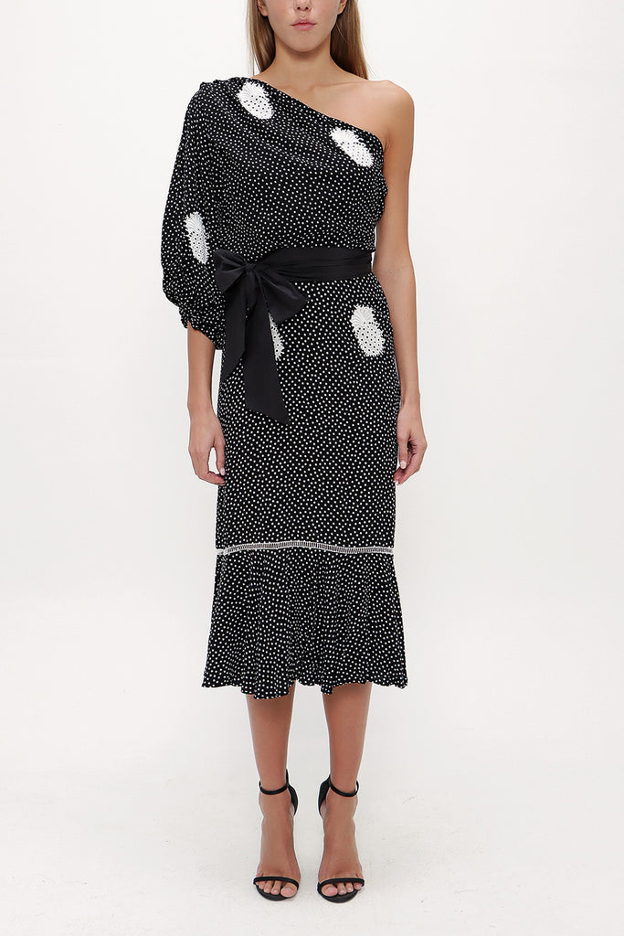 Black One shoulder godet midi dress 92802