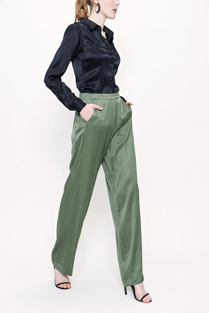 Green Elastic waist wide cut trousers 41609