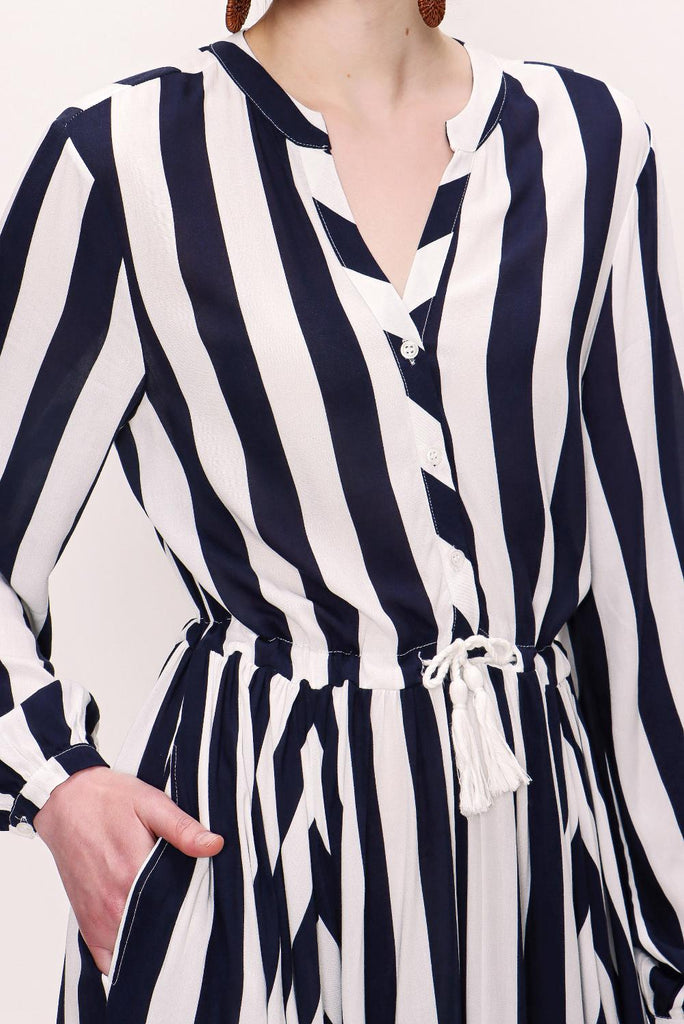 Navy Blue Asymmetric Cut Waist Belted Dress 92854