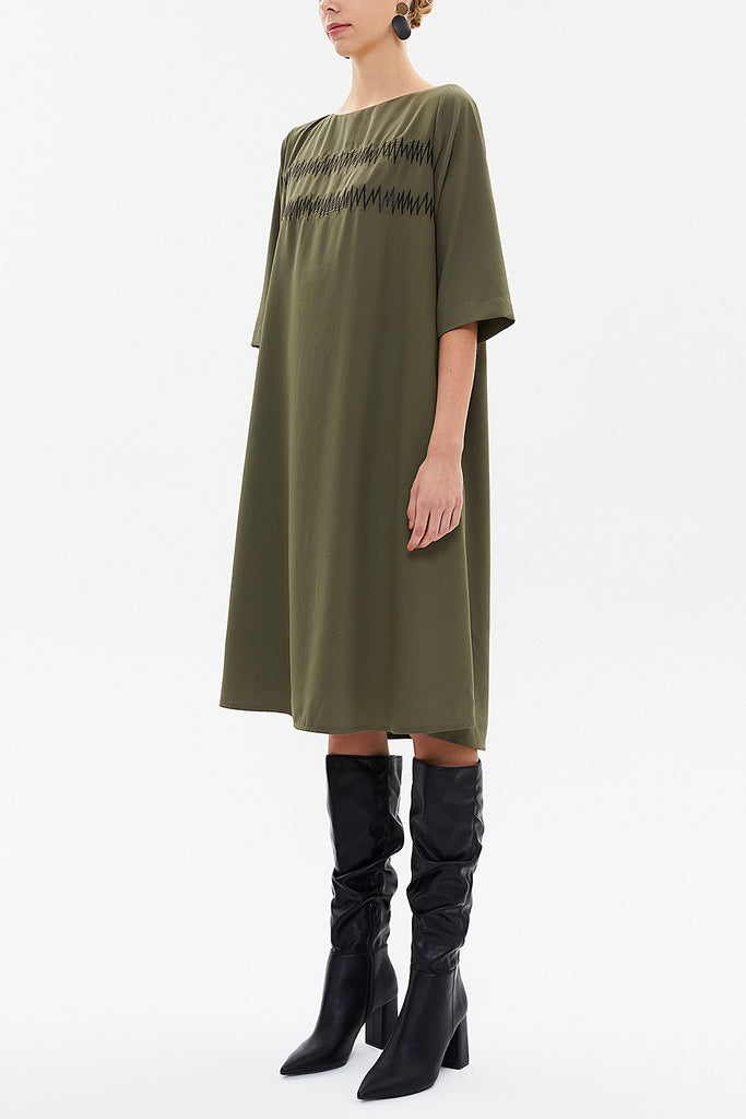 Khaki Embroidered wide cut midi dress 92804
