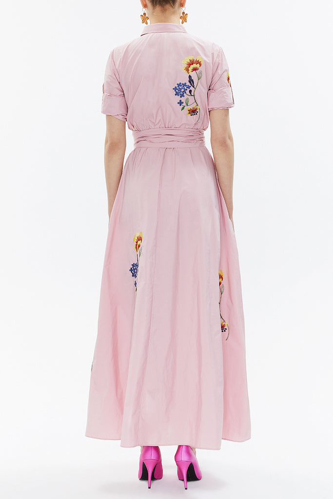 Pink Embroidered, lace-up Pleated maxi dress 92917
