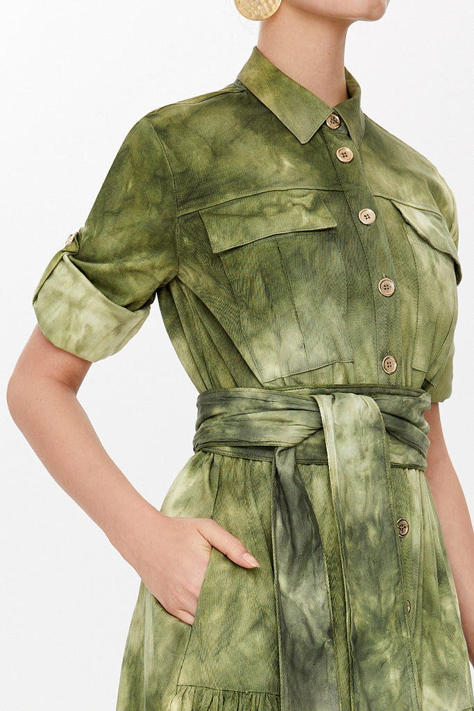 Khaki Pleated gabardine maxi dress 92515