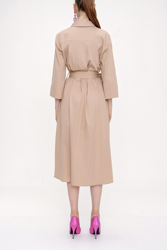 Beige Belted wide cut poplin dress 93995