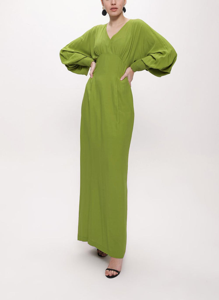 Yeşil V-neck Long Dress With Corset Detail 94163