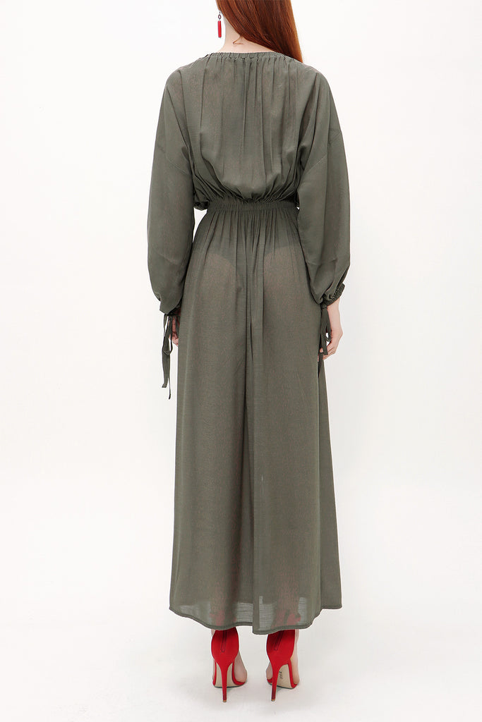 Khaki Pocket  off shoulder  maxi dress  92308