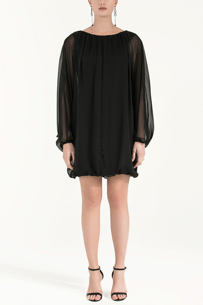 Lastikli Bol Kesim Şifon Elbise Siyah